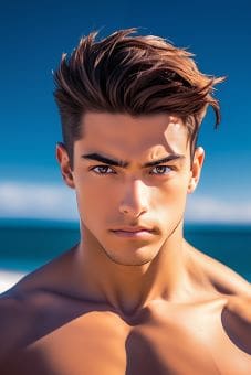 Close-up portrait of a young man with intense gaze and styled hair.