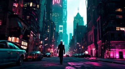 A lone figure walks through a neon-lit futuristic city street at night.