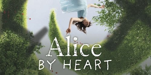A woman floats upside down amidst greenery with the title 'Alice By Heart'.