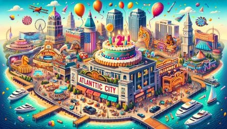 A vibrant cityscape celebrating a 21st birthday with balloons and a giant cake.