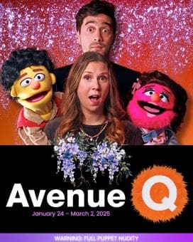 Two puppets and two adults posing against a sparkly pink backdrop with 'Avenue Q' text.