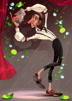 A stylish man dancing joyfully near a red curtain with green lights around.