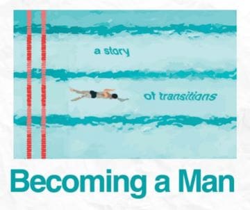 A swimmer in a pool with text about transitions and becoming a man.