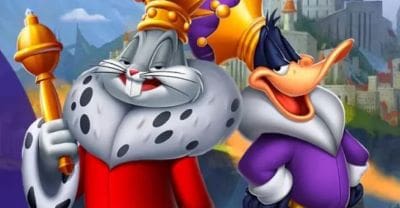 Bugs Bunny and Daffy Duck dressed as royalty, Bugs in a crown and robe.