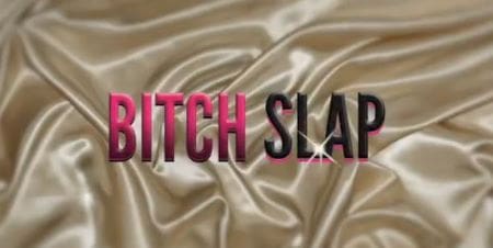 Text 'BITCH SLAP' on a silky beige fabric background.