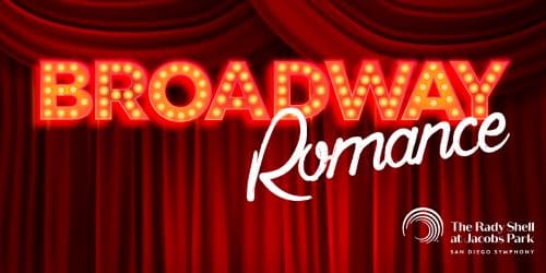 Bright marquee lights spell 'Broadway Romance' against a red curtain backdrop.