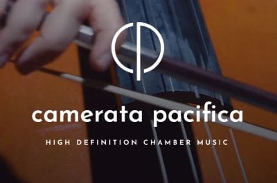 Close-up of a cello being played with Camerata Pacifica logo overlay.