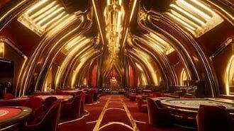Luxurious golden interior of a grand hall with elegant seating and intricate ceiling design.