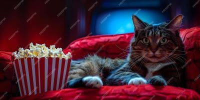 A cat lounging on a red couch with a bowl of popcorn nearby.