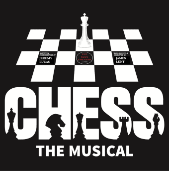 Chess-themed logo for a musical with chess pieces and bold text.