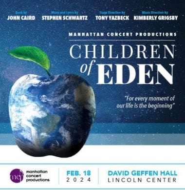 A movie poster for 'Children of Eden' featuring a blue apple with a leaf.