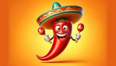 Cheerful chili pepper character with a sombrero and maracas.