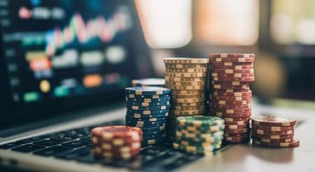 Stacks of colorful poker chips on a table, ready for a game.