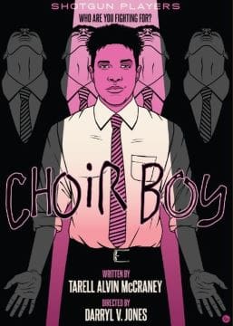 Illustration of a tense choir boy in a suit and tie with shadowy figures behind.