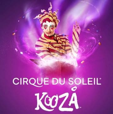 Promotional image for Cirque du Soleil's Kooza show with a colorful, whimsical character.