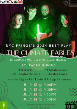 Poster for "The Climate Fables" play at NYC Fringe 2024, featuring two women with green light.