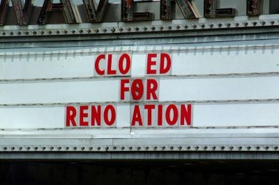 The sign says 'Closed for Renovation' with some letters missing.