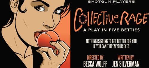 Illustration of a woman biting an apple with play title and director details.