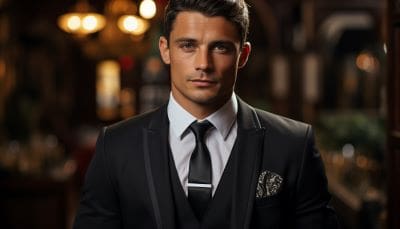 Handsome man in a dark suit and tie, posing confidently indoors.