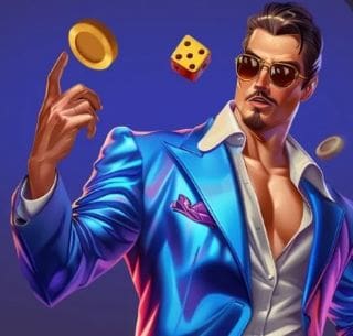 A stylish man in a shiny blue suit juggling a poker chip and dice.