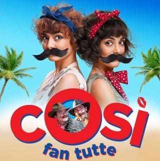 Colorful poster for the opera Cosi fan tutte featuring two men with mustaches and bow ties.