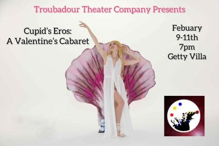 A performer emerges from a giant pink shell in a theatrical cabaret poster.