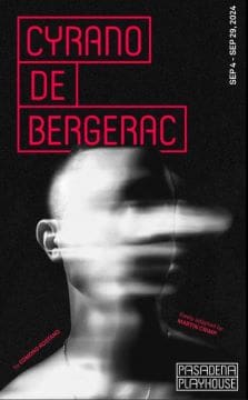 Blurred face with red text 'De Bergerac' on black background.