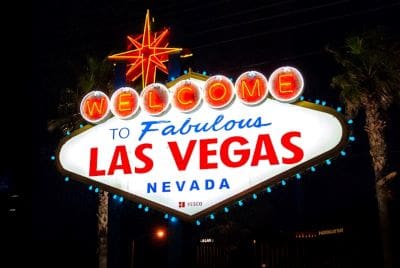 The iconic 'Welcome to Fabulous Las Vegas' neon sign glowing at night.