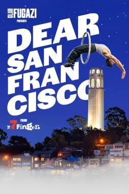 Diver jumping near San Francisco's Coit Tower at dusk.