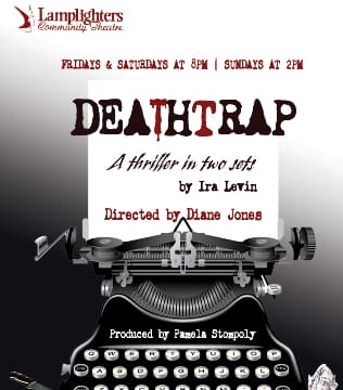 Poster for the film 'Deathtrap' with a typewriter and dark theme.