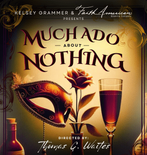 A theatrical poster for "Much Ado About Nothing" with a mask, rose, and wine glass.