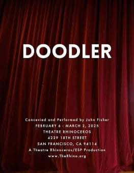 Doodler concert poster with event details on red curtain background.