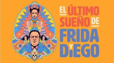 Colorful illustration of Frida Kahlo and Diego Rivera with bold Spanish text.
