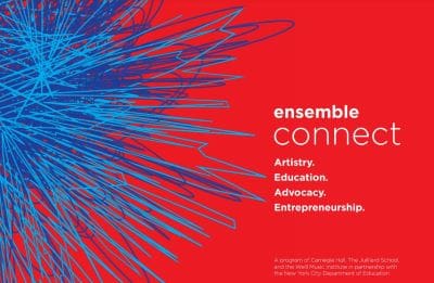 Red background with blue and red abstract spike design and white text about ensemble connections.