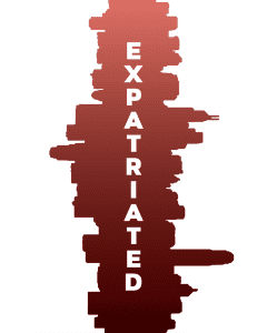 Silhouette of a city skyline with 'EXPATRIATED' written vertically.