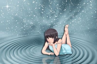 Anime girl lying in water with ripples and falling snowflakes.