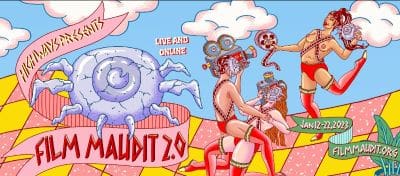 Colorful, surreal artwork with whimsical characters and bold text.