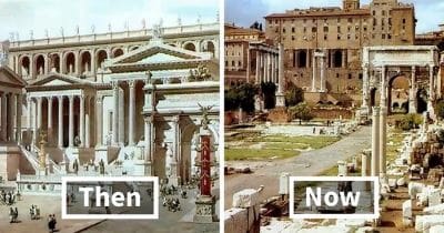 Side-by-side images showing ancient ruins then and now.