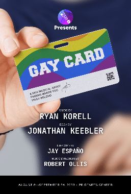 Close-up of a hand holding a colorful "Gay Card" with names listed below.