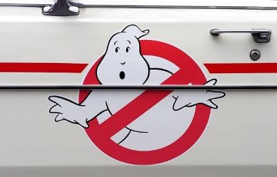 Iconic Ghostbusters logo with a ghost inside a red prohibition sign.