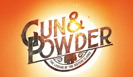 Logo for 'Sun & Powder: The Legend of the Western Game' with a sunset and gunpowder motif.
