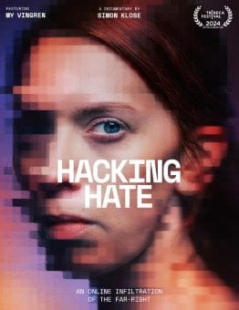 A woman's face with glitch effects, text says 'HACKING HATE'.