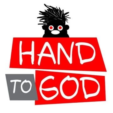 Logo with text 'HAND TO GOD' in red, white, and gray blocks.
