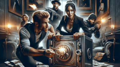 A group of four people cracking a safe with intense focus.