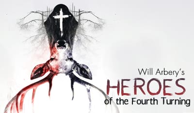 Dark, eerie artwork with a cross and twisted figure, titled 'Heroes of the Fourth'.