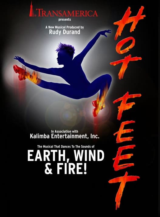 Silhouette of a dancer with fiery feet against a dark background.