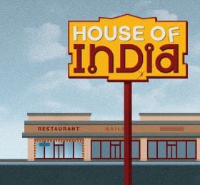 Sign for the House of India restaurant against a blue sky.