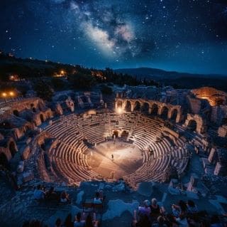 Ancient amphitheater illuminated under a starry night sky.