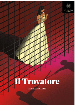 Poster for Il Trovatore opera with dramatic lighting and shadow.