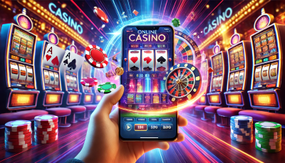 Hand holding phone with online casino slot game in vibrant casino setting.